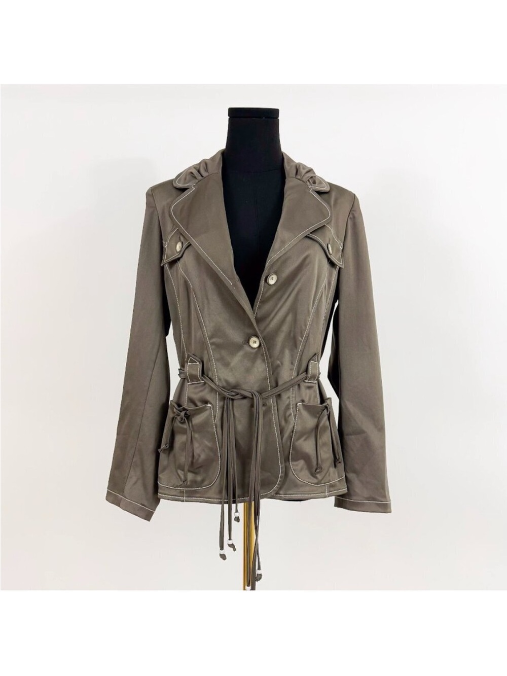 Women's Olive satin Utility Drawstring Belt Jacket